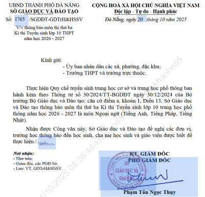 Thông báo môn thi thứ ba Kì thi Tuyển sinh lớp 10 THPT năm học 2026-2027