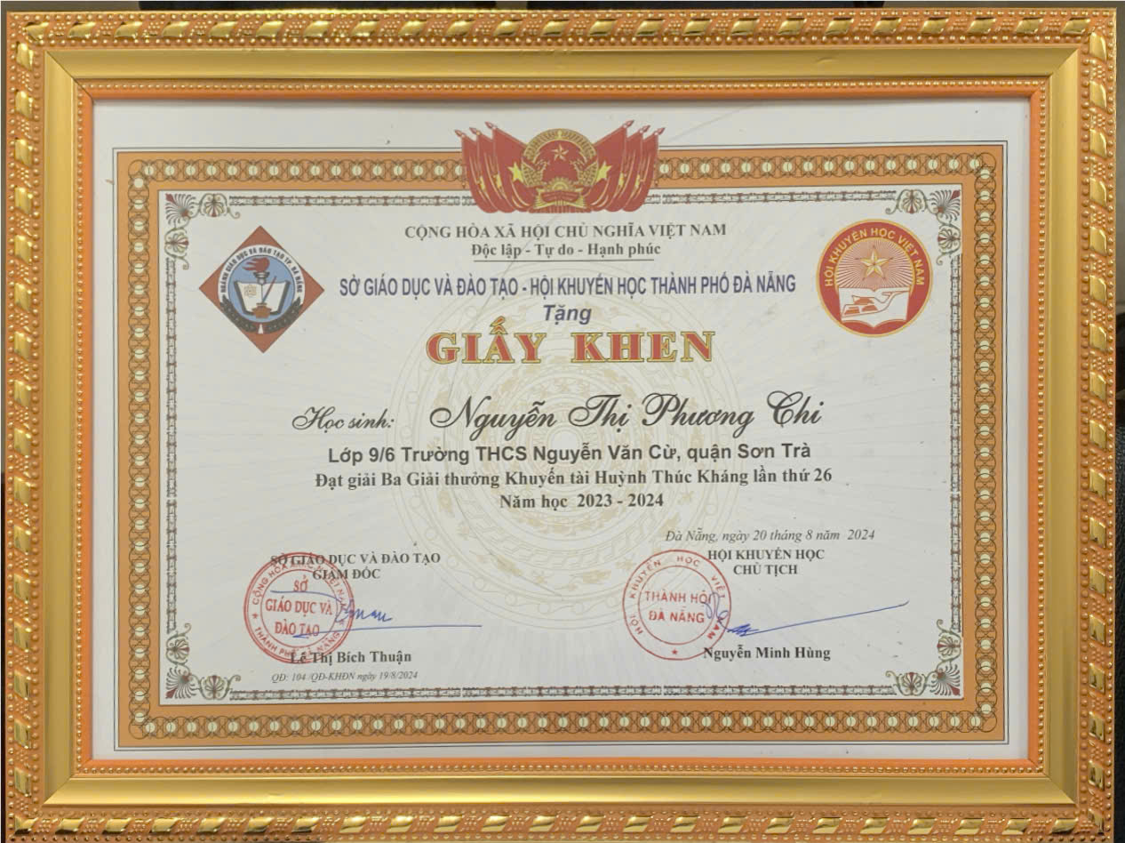 Nguyễn Thị Phương Chi, học sinh lớp 9/6 trường THCS Nguyễn Văn Cừ năm học 2023-2024